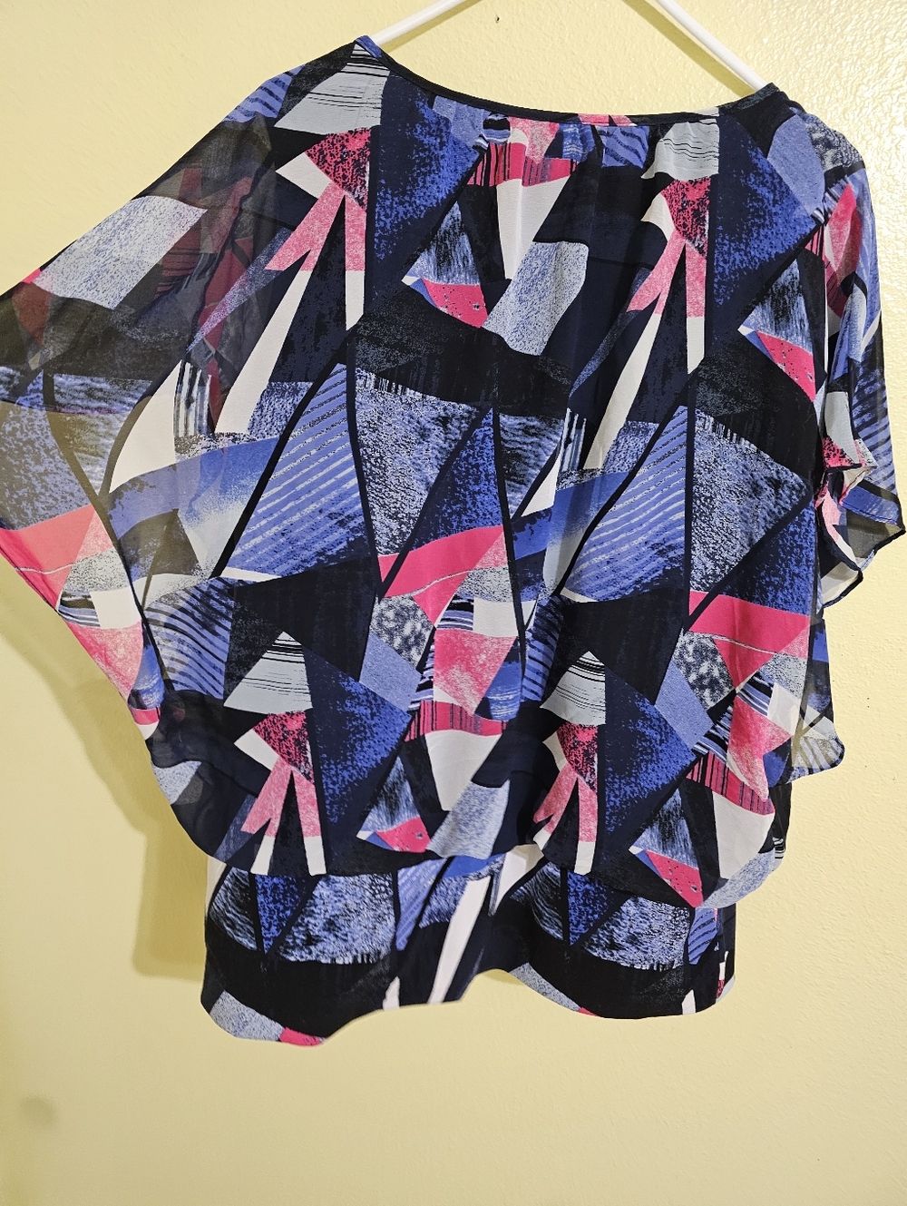 Style & Co. Geometric Sheer Dolman Blouse in Navy, Blue & Pink
